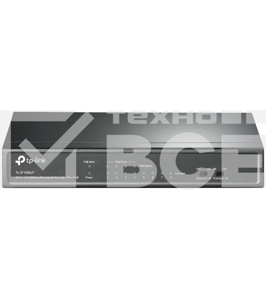 Коммутатор TP-Link 8-Port 10/100Mbps Unmanaged Switch with 4-Port PoE, metal case, desktop mount, PoE budget 41W.