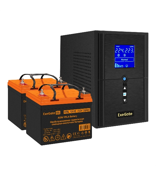 Комплект Источник бесперебойного питания EX295988RUS + батарея 33Aч EX285664RUS 2шт (инвертор, синус, для котла) ExeGate SineTower SZ-1500.LCD.AVR.2SH.1C13.USB <1500VA/1200W, чистый синусоида, LCD дисплей, AVR, 2*Schuko+1*C13, USB, линейно-интерактивный, Black> + батарея ExeGate HRL 12-33 (12В, 33Ач) 2шт