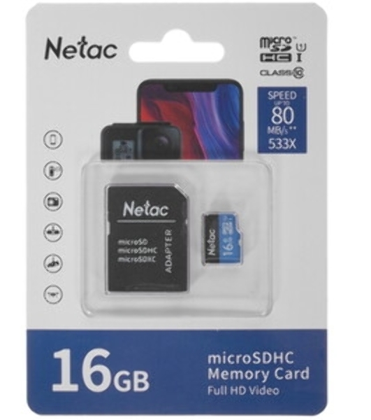 Флеш карта microSDHC 16Gb Netac P500 NT02P500STN-016G-R (с SD адаптером) 80Mb/s