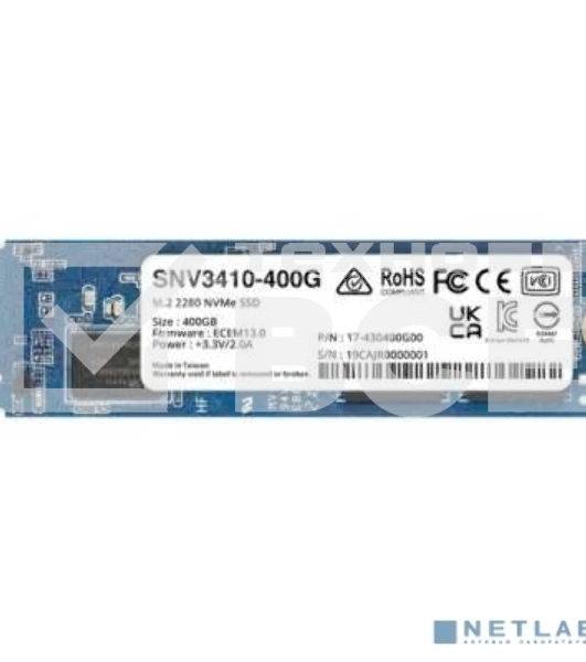 Накопитель Synology SSD SNV3000 Series PCIe 3.0 x4 ,M.2 2280, 400GB, R3000/W750 Mb/s, IOPS 225K/45K, MTBF 1,8M repl SNV3400-400G'