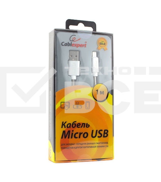 Кабель USB 2.0 Cablexpert CC-G-mUSB02S-1M, AM/microB, серия Gold, длина 1м, серебро, блистер