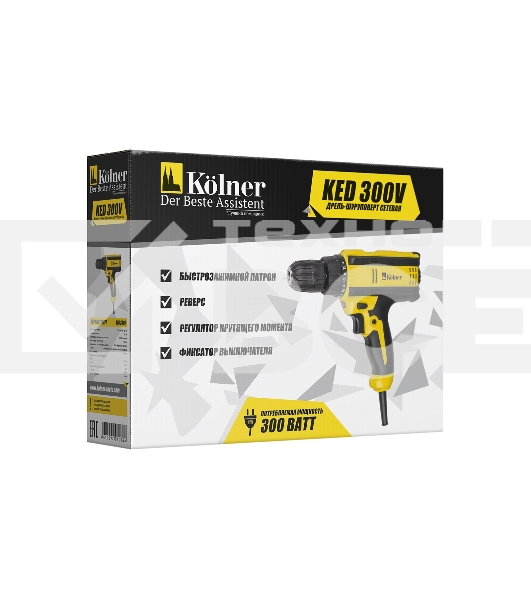 Дрель ударная электрическая Kolner KED 300V  300 Вт, 0- 800 об/мин, быстрозажимной двухмуфтовый патрон 0,8-10 мм, максимальный крутящий момент 14Нм, число ступеней крутящего момента 20+1