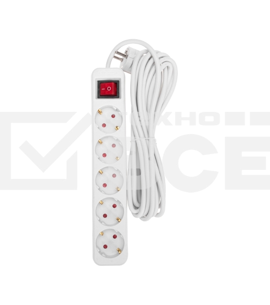 Удлинитель STANDARD 5 гнезд, 5м, 3х1,0мм², с/з, с выключателем, белый Rexant
