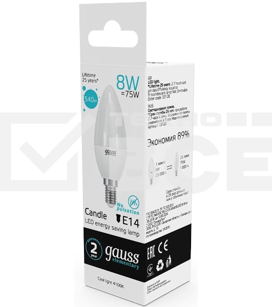 Лампа светодиодная LED 8Вт E14 220В 4100К Elementary свеча 33128 Gauss