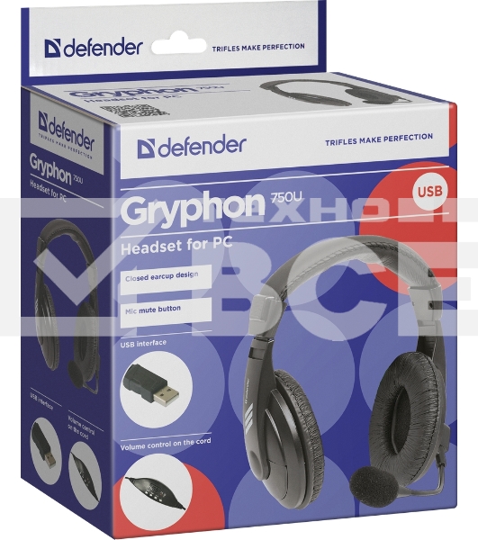 Гарнитура Defender Gryphon 750U USB, черный, 1.8м кабель
