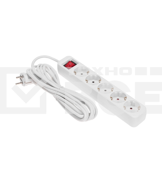 Удлинитель STANDARD 5 гнезд, 5м, 3х1,0мм², с/з, с выключателем, белый Rexant