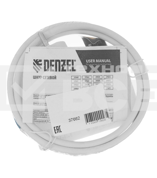 Шнур сетевой Energy Series, ПВС, 1,5 м, 3х1 мм, с неразборной вилкой, белый  Denzel
