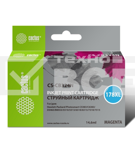 Картридж струйный Cactus CS-CB324N №178XL пурпурный (14.6 мл.) для HP PhotoSmart B8553/C5383/C6383/D5463