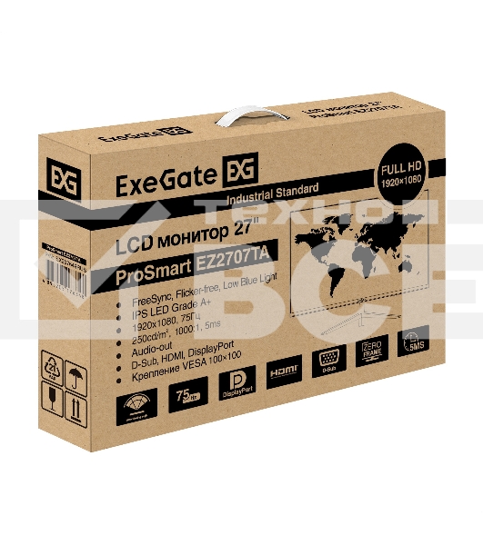 Монитор 27' ExeGate EZ2707TA ProSmart IPS 1920x1080, 75 Гц, 5 мс, 16:9, 250 кд/м², 1xHDMI, 1xVGA, 1xDP, 3.5 мм, черный