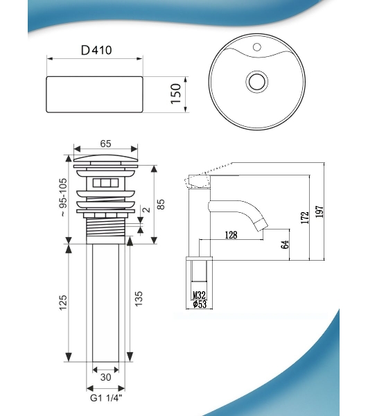 Раковина накладная со смесителем и выпуском ( BAU Element D41, мрамор + смеситель Dream Black, выпуск клик-клак черный)