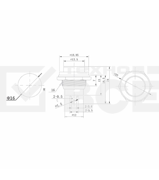Выключатель-кнопка  металл 250V 2А (2с) (ON)-OFF  Ø16.2  красная  Rexant