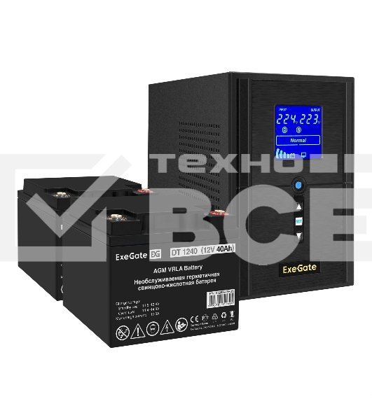 Комплект ИБП EX295988RUS + батарея 40Aч EX282976RUS 2шт (инвертор, синус, для котла) ExeGate SineTower SZ-1500.LCD.AVR.2SH.1C13.USB <1500VA/1200W, чистый синусоида, LCD дисплей, AVR, 2*Schuko+1*C13, USB, линейно-интерактивный, Black> + батарея ExeGate DT 