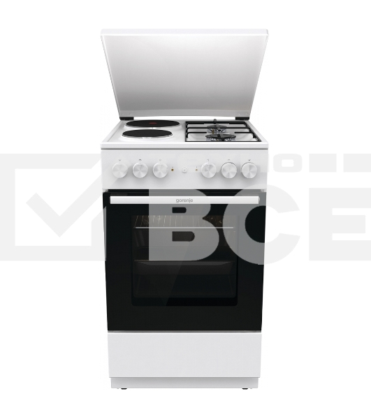 Комбинированная плита Gorenje GK5A12WG, полезный объем 68 л, очистка паром AquaClean, сводчатая форма духовки, механическое управление, электроподжиг, цвет белый