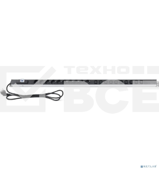 Блок распределения питания Rexant для 19' шкафов, верт, 10 розеток СЕЕ 7/4, 10 розеток C13, 16А, автомат защиты, алюм корп, шнур 2м, вилка СЕЕ 7/7