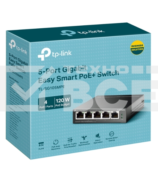 Коммутатор TP-Link TL-SG105MPE Easy Smart с 5 гигабитными портами (4 порта PoE+), 802.3af/at, бюджет PoE — 120 Вт, стальной корпус