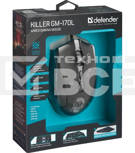 Мышь проводная Defender Killer GM-170L черный, 3200 dpi, USB, кнопки - 7
