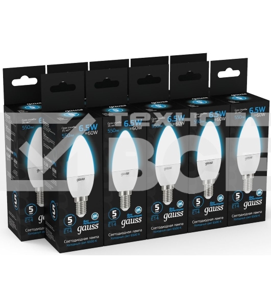 Лампа светодиодная Gauss 103101307 6.5Вт цок.:E14 свеча 220B 6500K св.свеч.бел.хол. (упак.:10шт)