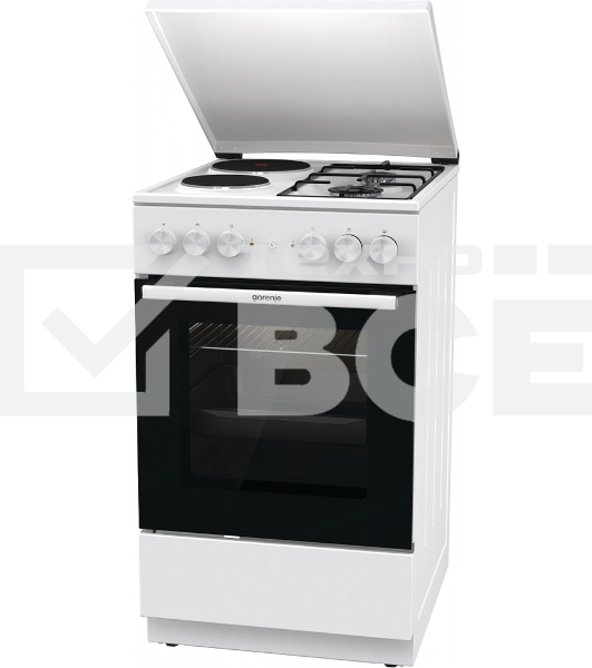 Комбинированная плита Gorenje GK5A12WG, полезный объем 68 л, очистка паром AquaClean, сводчатая форма духовки, механическое управление, электроподжиг, цвет белый