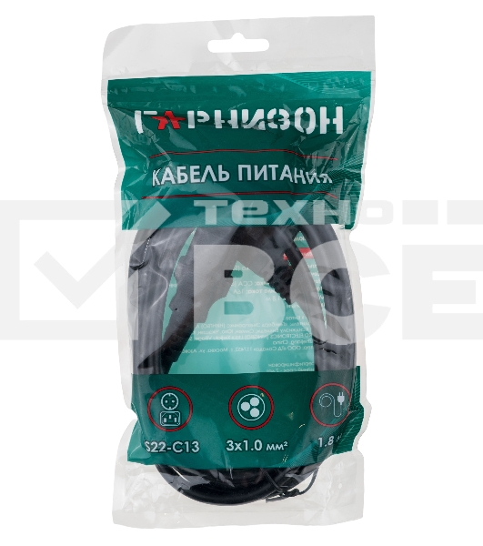 Кабель питания Гарнизон GPC-186-1-1.8M, Schuko-C13, 3x1.0 мм2, 16A, CCA, с заземлением, 1.8 м, черный, пакет