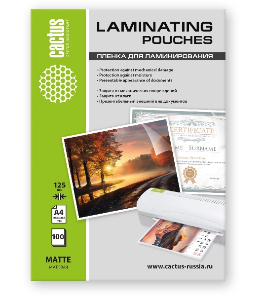 Пленка для ламинирования Cactus 125мкм A4 (100шт) матовая 216x303мм CS-LPMА4125100