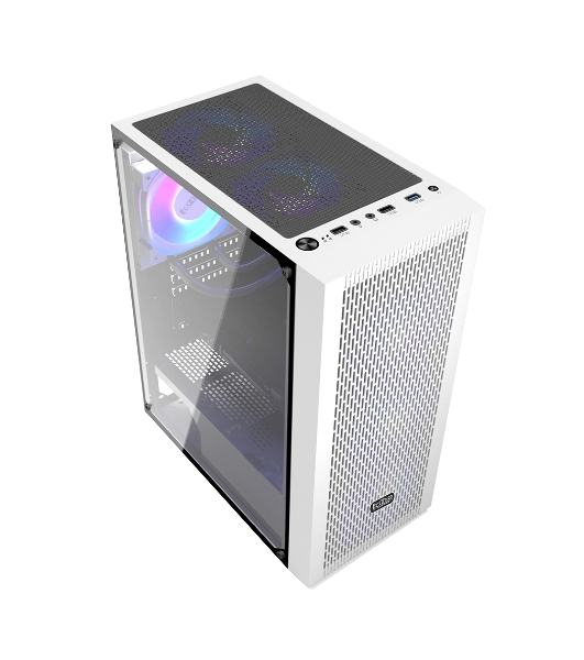 Компьютерный корпус без блока питания PCCOOLER MA100 MESH WH, Mesh Mid Tower, White, TG, 0.4 SPCC, 3x120мм ARGb ATX, mATX, mITX 160/310/180мм 2x2.5', 2x3.5', 7xPCI 1xUSB-A 3.0, 2xUSB-A 2.0 360x200x446mm
