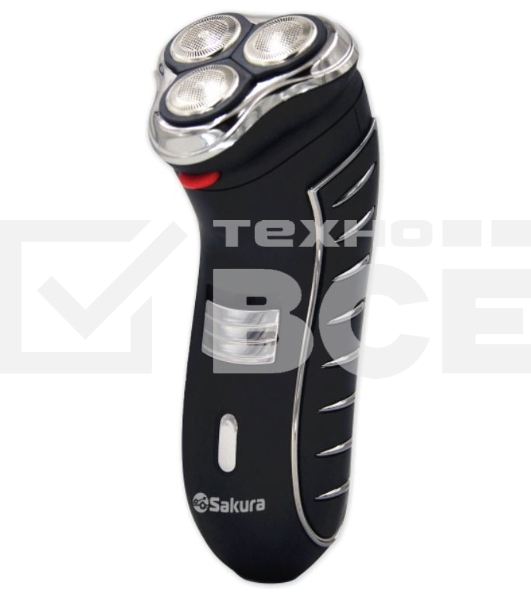 Электробритва Sakura SA-5414BK черный(Бритва электрическая, сухое бритье, работа от аккумулятора. 3 бреющие головки. Прорезиненная поверхность. Индикатор заряда батарейки. Защитная крышка. Щеточка для очистки.)