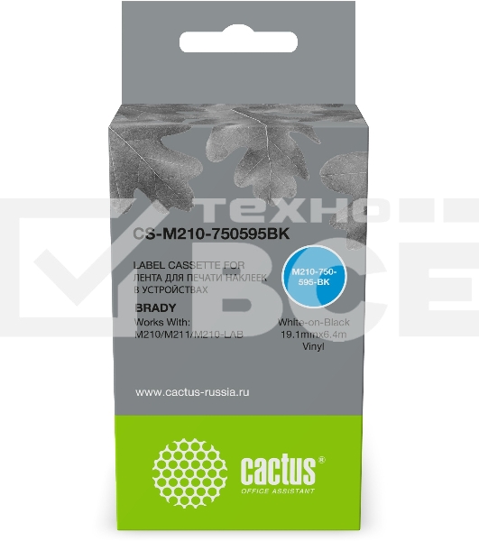 Картридж ленточный Cactus CS-M210-750595BK (M210-750-595-BK) белый шрифт, черный фон (19.1 мм, 6.4 м) для Brady M210/M211/M210-LAB