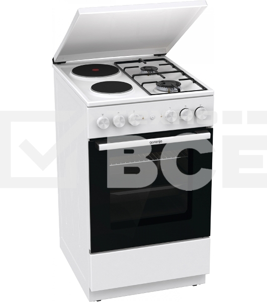 Комбинированная плита Gorenje GK5A12WG, полезный объем 68 л, очистка паром AquaClean, сводчатая форма духовки, механическое управление, электроподжиг, цвет белый