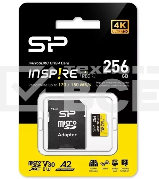 Флеш карта microSDXC 256Gb Silicon Power SP256GbSTXLA2V1NSP Inspire V30 A2 + adapter