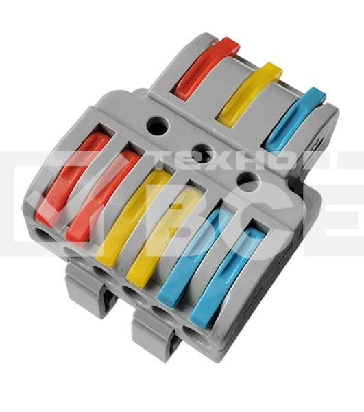 Клемма СМК Rexant 3х2D проходная разветвительная 3 полюса на DIN-рейку (0,08-4 мм²) (1 ввод, 2 вывода на полюс) серый (20 шт/уп)