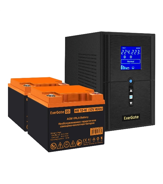 Комплект источника бесперебойного питания Exegate EX295988RUS + батарея 40Aч EX282979RUS 2шт (инвертор, синус, для котла) ExeGate SineTower SZ-1500.LCD.AVR.2SH.1C13.USB <1500VA/1200W, чистый синусоида, LCD дисплей, AVR, 2*Schuko+1*C13, USB, линейно-интерактивный, черный> + батарея ExeGate HR 12-40 (12В, 40Ач) 2шт