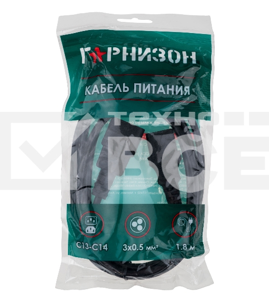 Кабель питания Гарнизон GPC-189-0.5-1.8M, C13-C14, 3x0.5мм2, 6А, CCA, с заземлением, 1.8м, черный, пакет