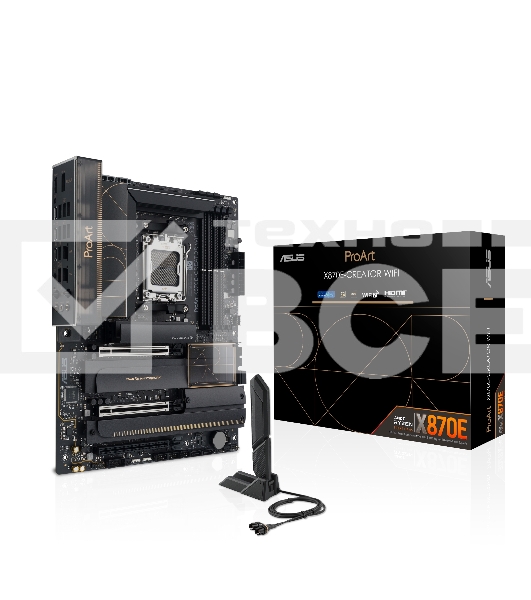 Материнская плата ASUS PROART X870E-CREATOR WIFI, AM5, AMD X870E, 4xDDR5, 4xSATA, 4xM.2, 2xPCIe 5.0 x16, 1xPCIe 4.0 x4, 2xUSB-C 40Gbps, 1xUSB-C 20Gbps, 7xUSB-A 10Gbps, 1xUSB-A 2.0, 1xDP (v1.4), 1xHDMI (v2.1), 1x10Gb LAN, 1x2.5Gb LAN, Wi-Fi 7, Bluetooth 5.