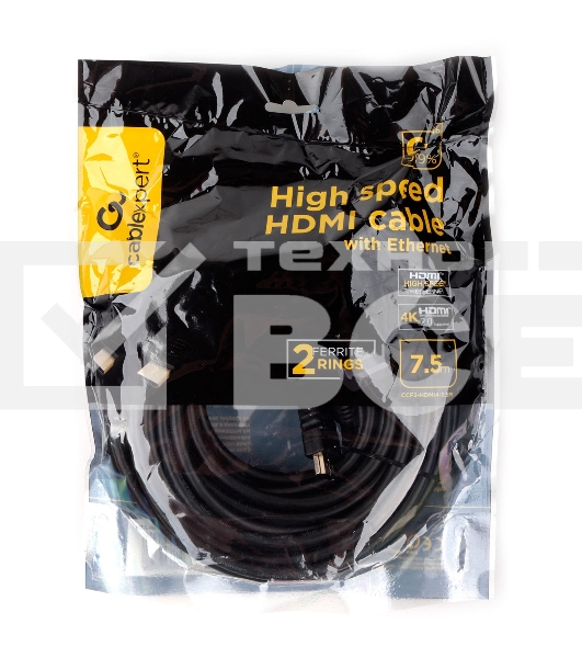 Кабель HDMI Cablexpert CCF2-HDMI4-7.5M, 19M/19M, v2.0, медь, позол.разъем, экран, 2 фер.кольца, 7.5м, черный, пакет