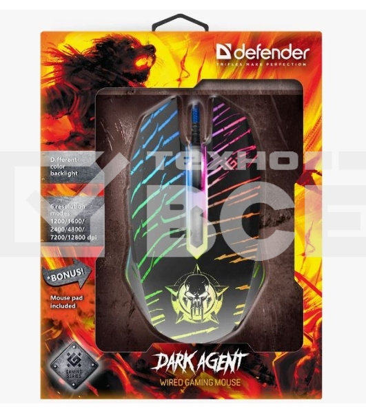 Мышь проводная Defender Dark Agent GM-590L черный, 12800 dpi, USB, кнопки - 6