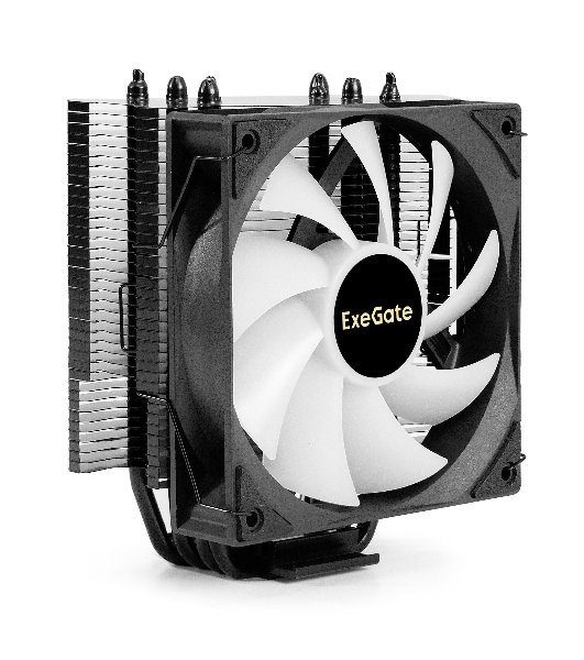 Кулер для процессора ExeGate Dark Magic EXX400V3-PWM.RGB (Al+Cu, черное покрытие, 4 тепл.трубки, LGA1150/1151/1155/1156/1200/1700/1851/AM2/AM2+/AM3/AM3+/AM4/AM5/FM1/FM2/754/939/940, TDP 140W, Fan 120mm, PWM, 800-1800RPM, Hydro bearing, 4pin, 11-24db, 500г брутто, RGB подсветка, с термопастой, на винтах, RTL)