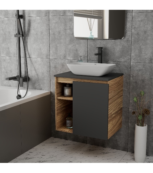 Тумба Bau Dream Blackwood 60 правая, графит, раковина BAU Spectrum mini 47х24 смеситель для раковины высокий Hotel Black, черный