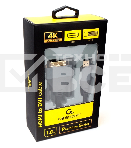 Кабель HDMI-DVI Cablexpert CC-HDMI-DVI-4K-6, 19M/19M, single link, 4K, медь, нейлоновая оплетка, метал.разъемы, 1.8м, черный, коробка