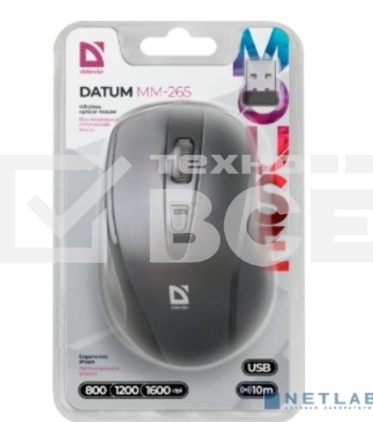 Мышь беспроводная Defender Datum MM-265 черный, 1600 dpi, радиоканал, USB, кнопки - 4