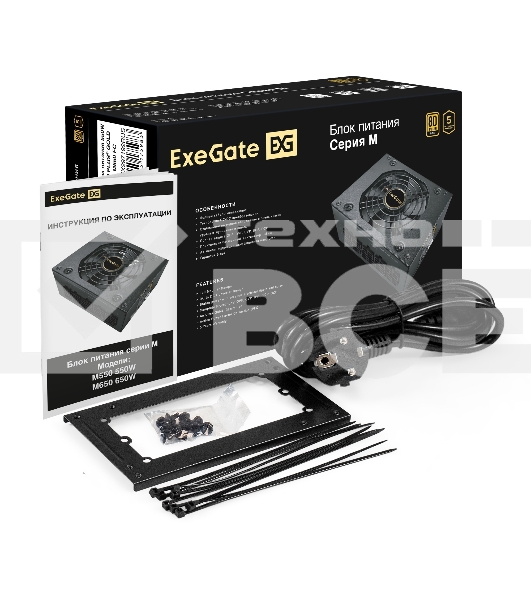 Блок питания 550W ExeGate M550 GOLD (SFX, APFC, КПД 90% (80 PLUS GOLD), 9см fan, 24pin, (4+4)pin, 2xPCI-E, 6xSATA, 3xIDE, 1xFDD, Full Cable Management, black, ATX adapter, Retail box)