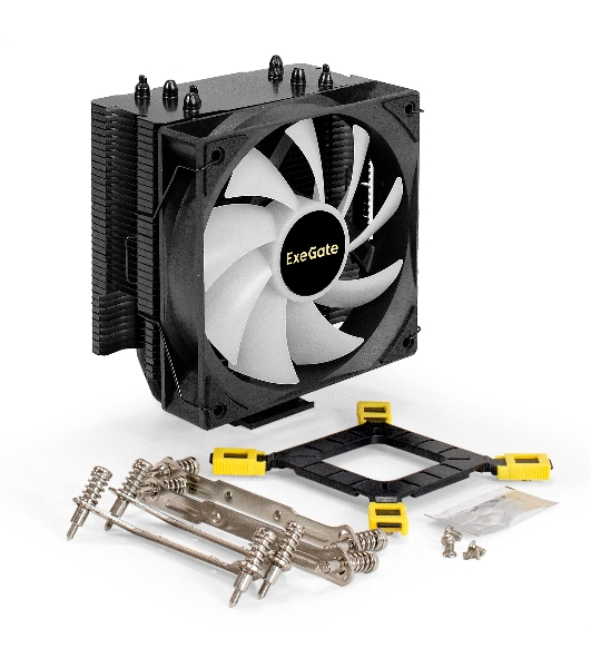 Кулер для процессора ExeGate Dark Magic EXX400V3-PWM.RGB (Al+Cu, черное покрытие, 4 тепл.трубки, LGA1150/1151/1155/1156/1200/1700/1851/AM2/AM2+/AM3/AM3+/AM4/AM5/FM1/FM2/754/939/940, TDP 140W, Fan 120mm, PWM, 800-1800RPM, Hydro bearing, 4pin, 11-24db, 500г брутто, RGB подсветка, с термопастой, на винтах, RTL)