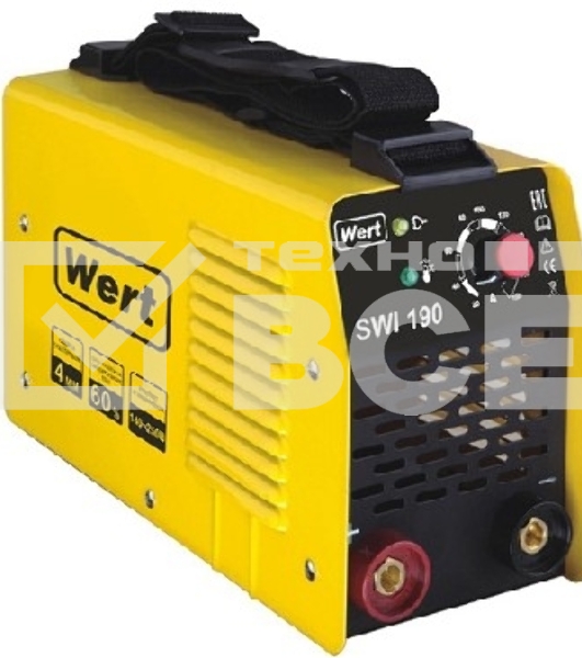 Сварочный инвертор WERT 187150 SWI 190 Инвертер,140-250В, потребление 3.7 кВт, регулировка силы тока 20-190 А, ПВ=190А/60%, диаметр электрода 1.6-4мм, вес 2.4 кг.