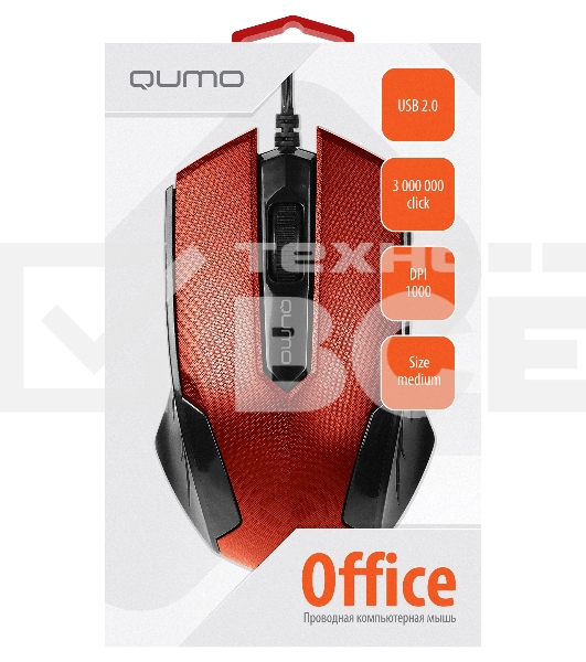 Мышь проводная Qumo Office M14 красный, 1000 dpi, USB, кнопки - 3