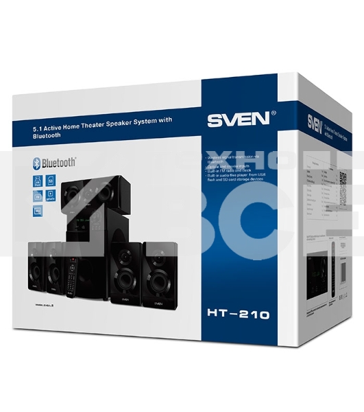 Аудиоколонки SVEN HT-210, черный, акустическая система 5.1, мощность (RMS):50Вт+5x15Вт, Bluetooth, Optical, Coaxial, FM-тюнер, USB/SD, дисплей, ПДУ