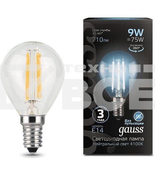 Лампа филам. Gauss Filament 9Вт цок.:E14 шар 220B 4100K св.свеч.бел.нейт. (упак.:10шт) (105801209)