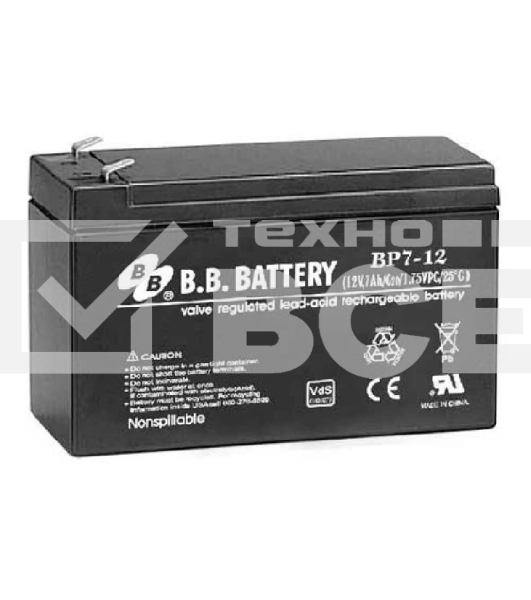 Аккумулятор B.B. Battery series BP, BP7-12, voltage 12V, capacity 7Ah (discharge 20 hours), max. discharge current (5 sec.) 105A, max. charge current 2.1A, lead-acid AGM type, T2 terminals, LxWxH 151x65x98mm, weight 2.54kg, service life 10 years