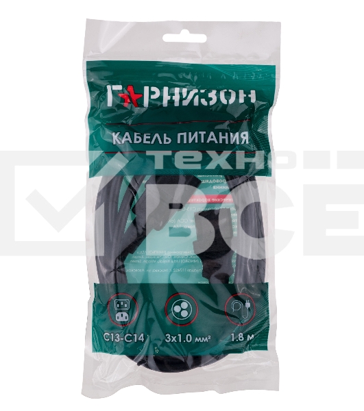 Кабель питания Гарнизон GPC-189-1-1.8M, C13-C14, 3x1.0 мм2, 16А, CCA, с заземлением, 1.8 м, черный, пакет