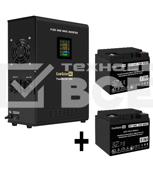 Комплект Источник бесперебойного питания EX295998RUS + батарея 40Aч EX282976RUS 2шт (инвертор, синус, для котла, настенный) ExeGate FineSine SX-1500.LCD.AVR.2SH <1500VA/1050W, чистая синусоида, цветной LCD-дисплей, AVR, 2*Schuko, линейно-интерактивный, кр