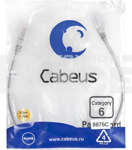 Шнур комм. Cabeus, кат. 6, неэкр., U/UTP, RJ45/RJ45, LSZH, AWG24, 0.5м, серый