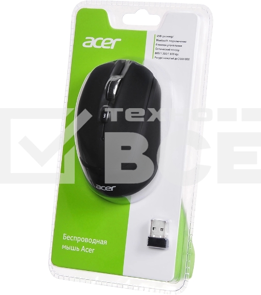 Мышь беспроводная Acer OMR050 черный, 1600 dpi, радиоканал, Bluetooth, USB, кнопки - 6
